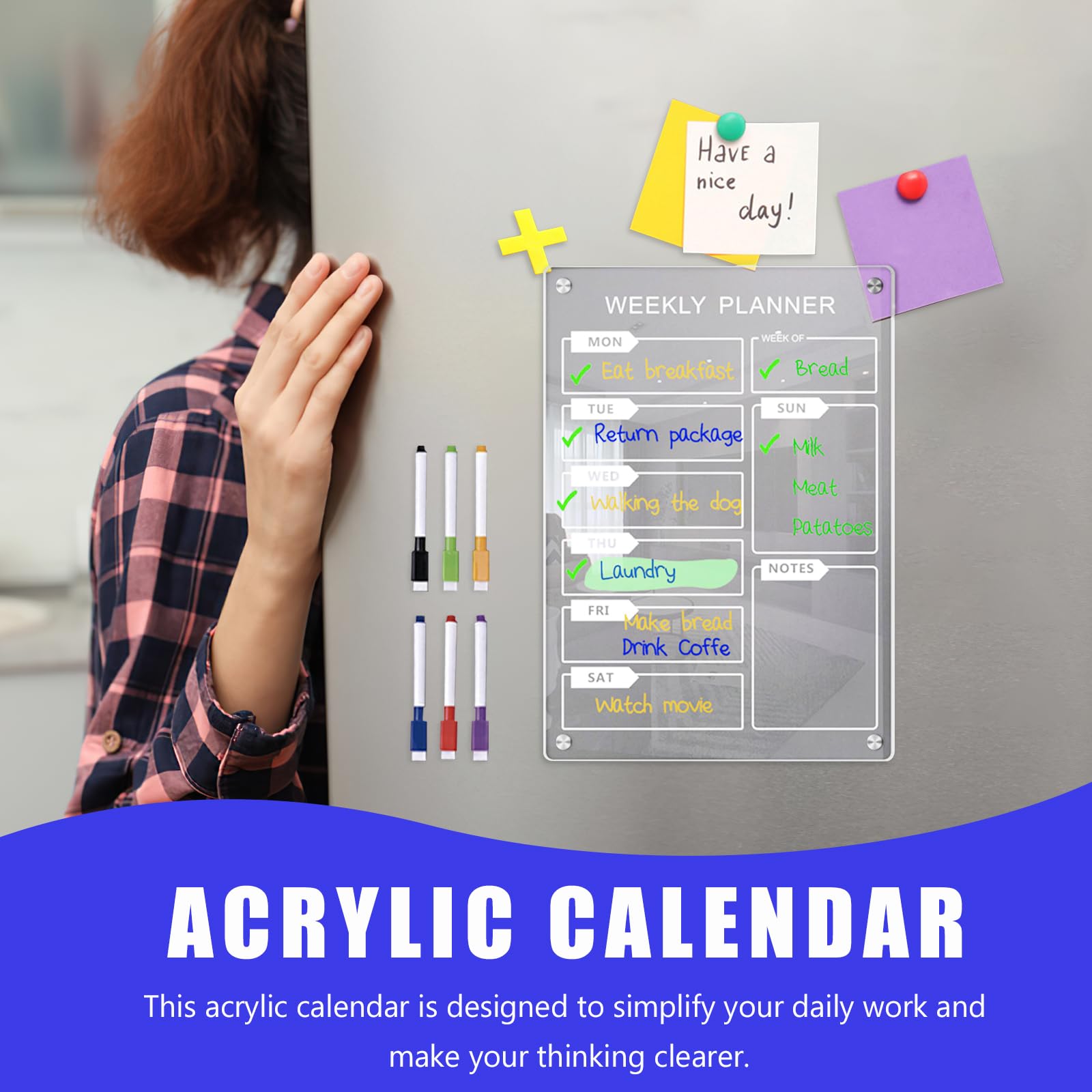 Akrylowy kalendarz na lodówkę, tygodniowy planer do wycierania, akrylowy miesięczny planer, przezroczysta akrylowa tablica whiteboard, sucha tablica magnetyczna do wycierania na lodówkę, miesięczna i