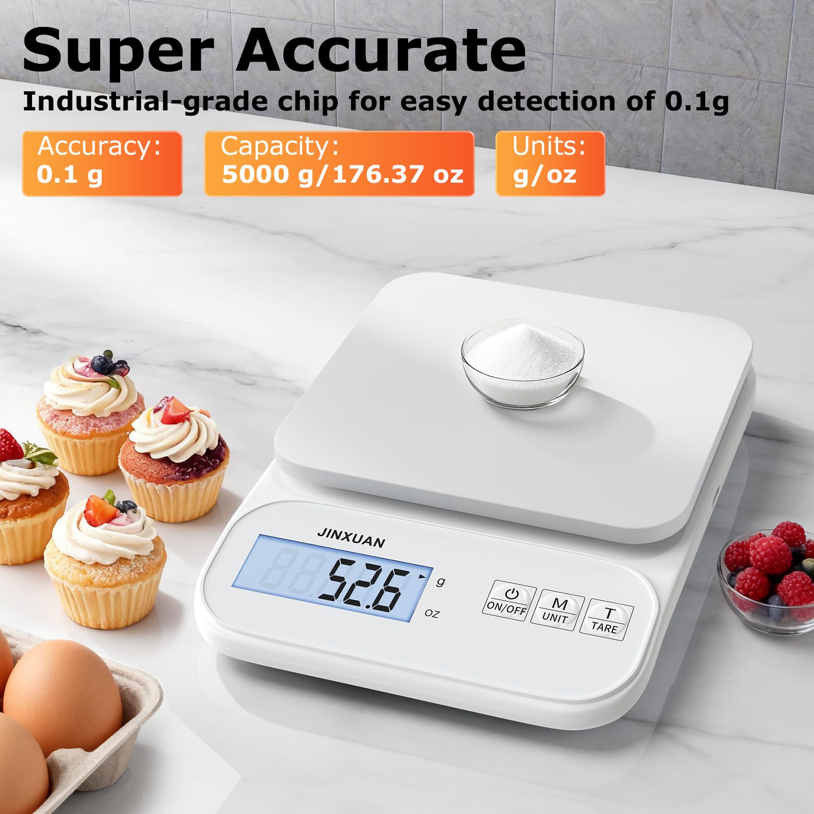 Küchenwaage, 5 kg/0,1 g, präzise wiederaufladbare digitale Waage, Gramm, Lebensmittelwaage für Küche, großes LCD-Display zum Backen, Kochen, Weiß