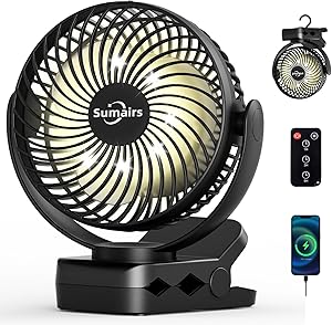 Sumairs 10000 mAh Battery Camping Fan, 14 cm with Lamp, 9-55 Hours Running Time, Ultra Quiet, Clamps, Remote Control, Powe…