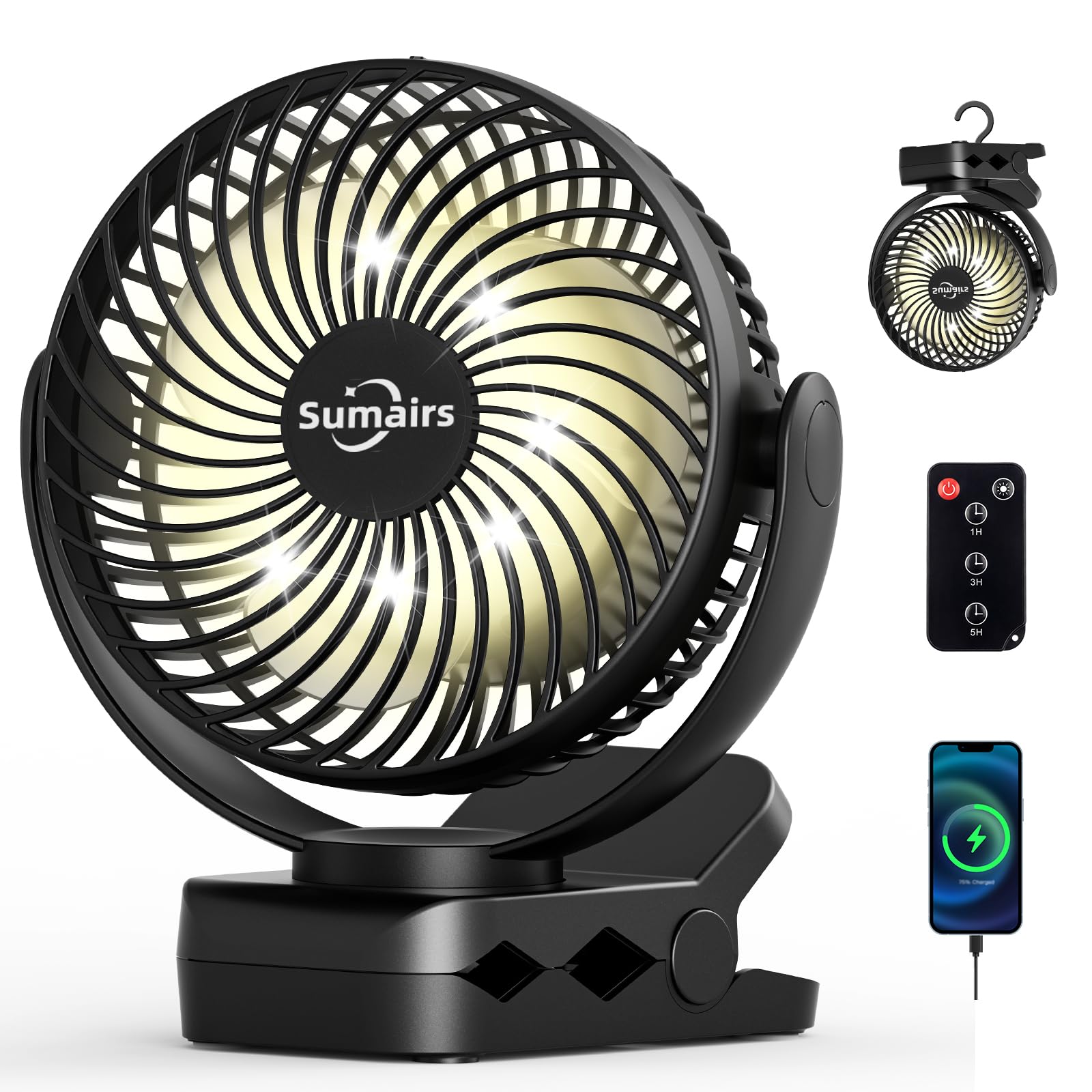 Sumairs 10000mAh Akku Camping Ventilator,14cm mit Lampe,9-55 Std.Laufzeit,Ultra-Leise,Klemmen,Fernbedienung,Powerbank,Haken,Tragbarer USB Tischventilator für Outdoor,Zelt,Reise,Büro,wohnmobil,Growzelt