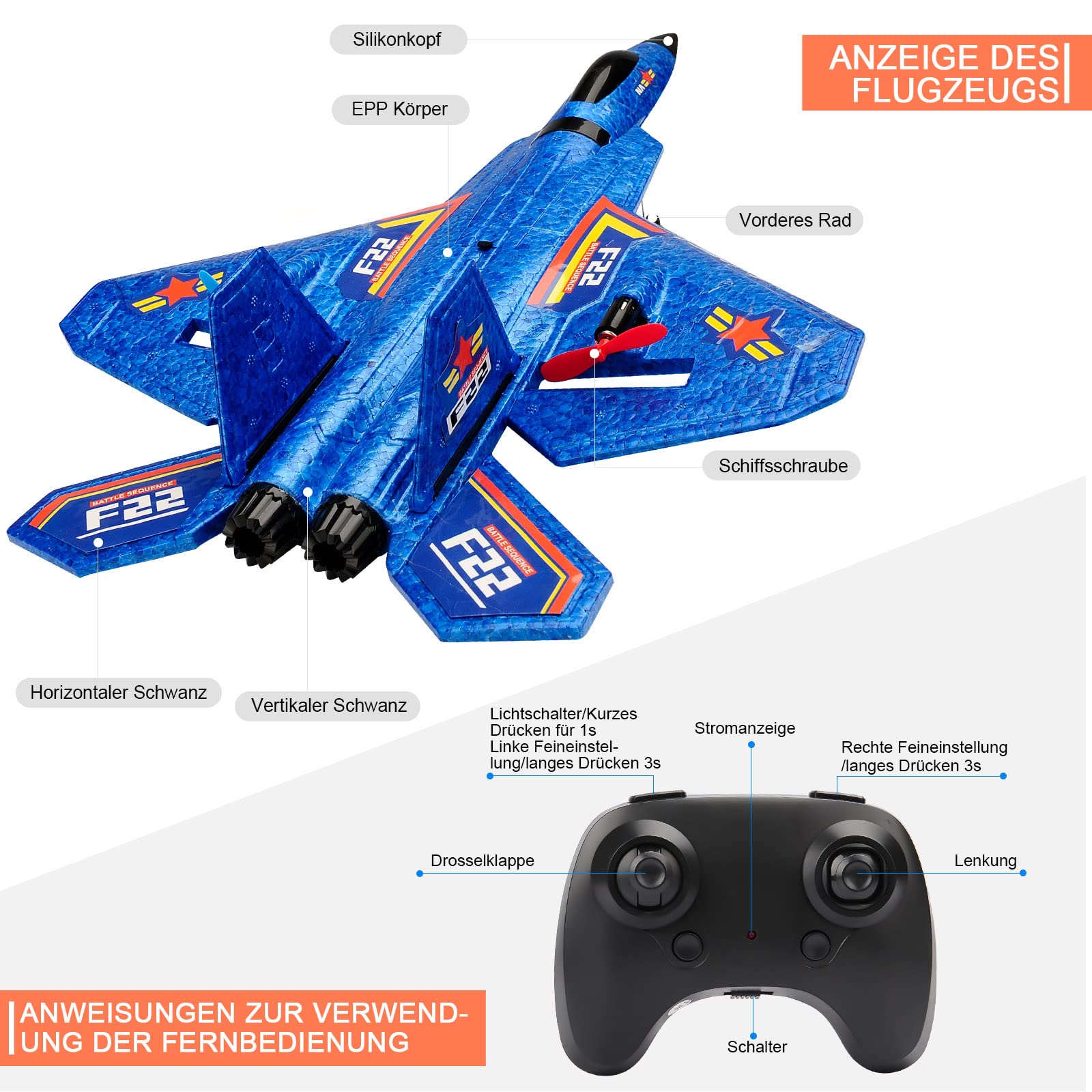 Fremego F-22 RC Flugzeug, 2.4Ghz Ferngesteuertes Flugzeug Raptor Fighter Flugzeug Modell Spielzeug mit 6 Axis Gyro System für Anfänger Kinder Erwachsene (F22Blau)