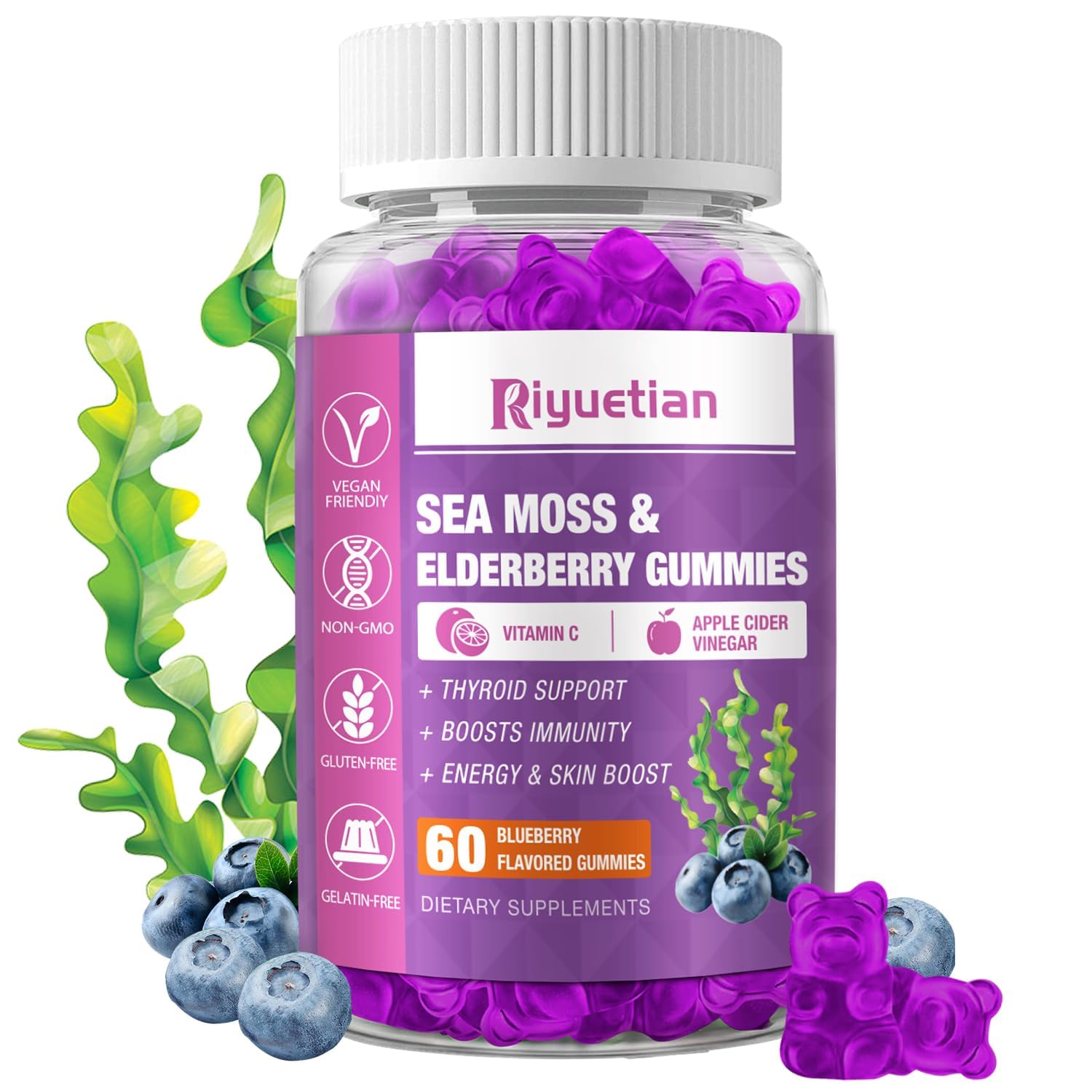 Sea Moss Gummies & Elderberry - Vitamin C + Zinc – Strength Immune & Thyroid Support Booster Gummy Bears for Kids & Adults - 60 Natural Seamoss Gummies