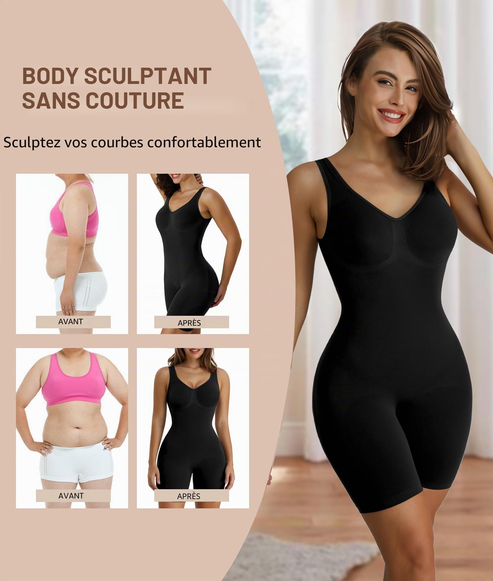 SHAPERX Gaine Ventre Plat Body Sculptant Femme Invisible Combinaison Gainante Shapewear Bodysuit Amincissant Body Short