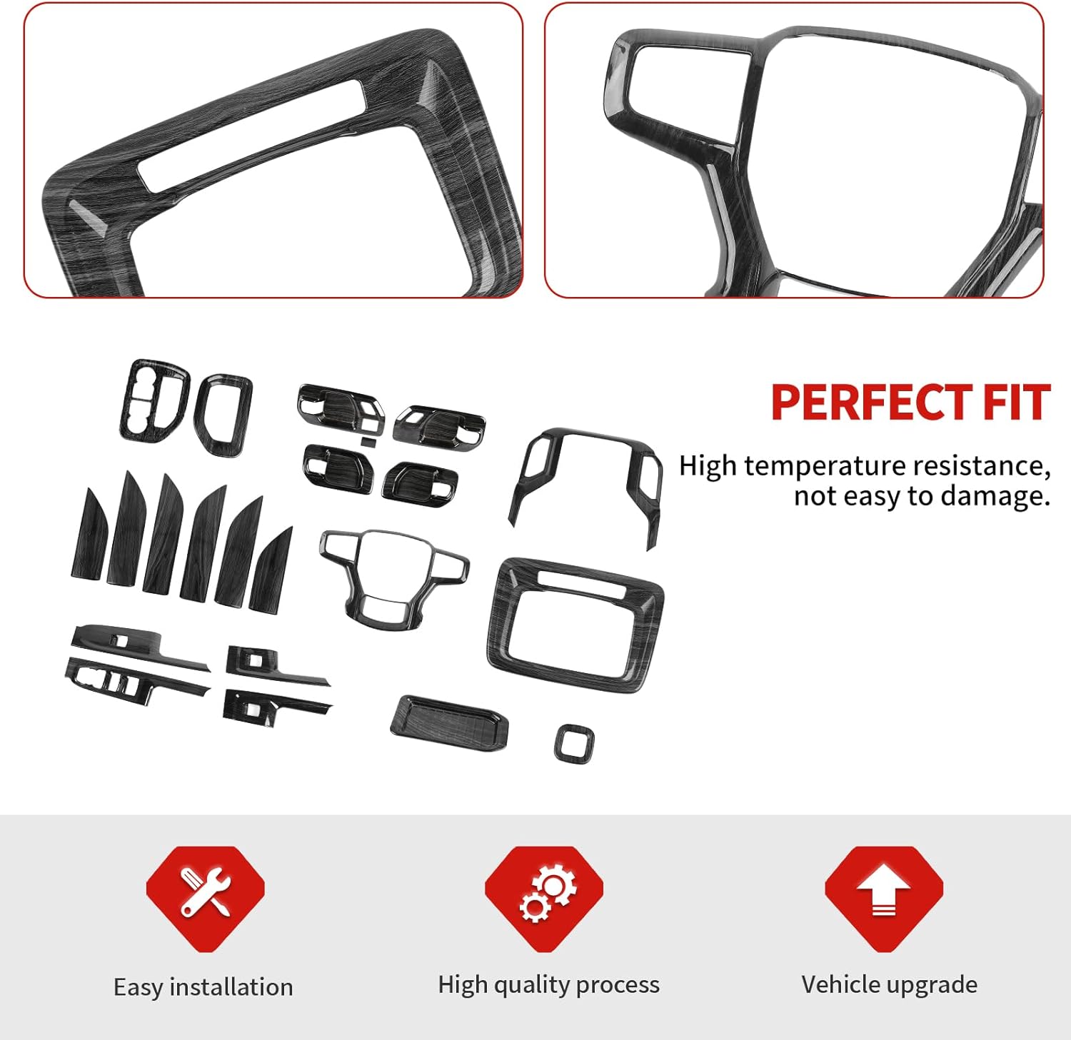 Jimen Fit for Chevrolet Silverado 4 Door 2019-2021, 24PCS Interior Trim Kits - Navigation Panel, Dash Air Vent Cover, Inner Door Panel Trim, Window Lift Switch Panel (Black Wood Grain)