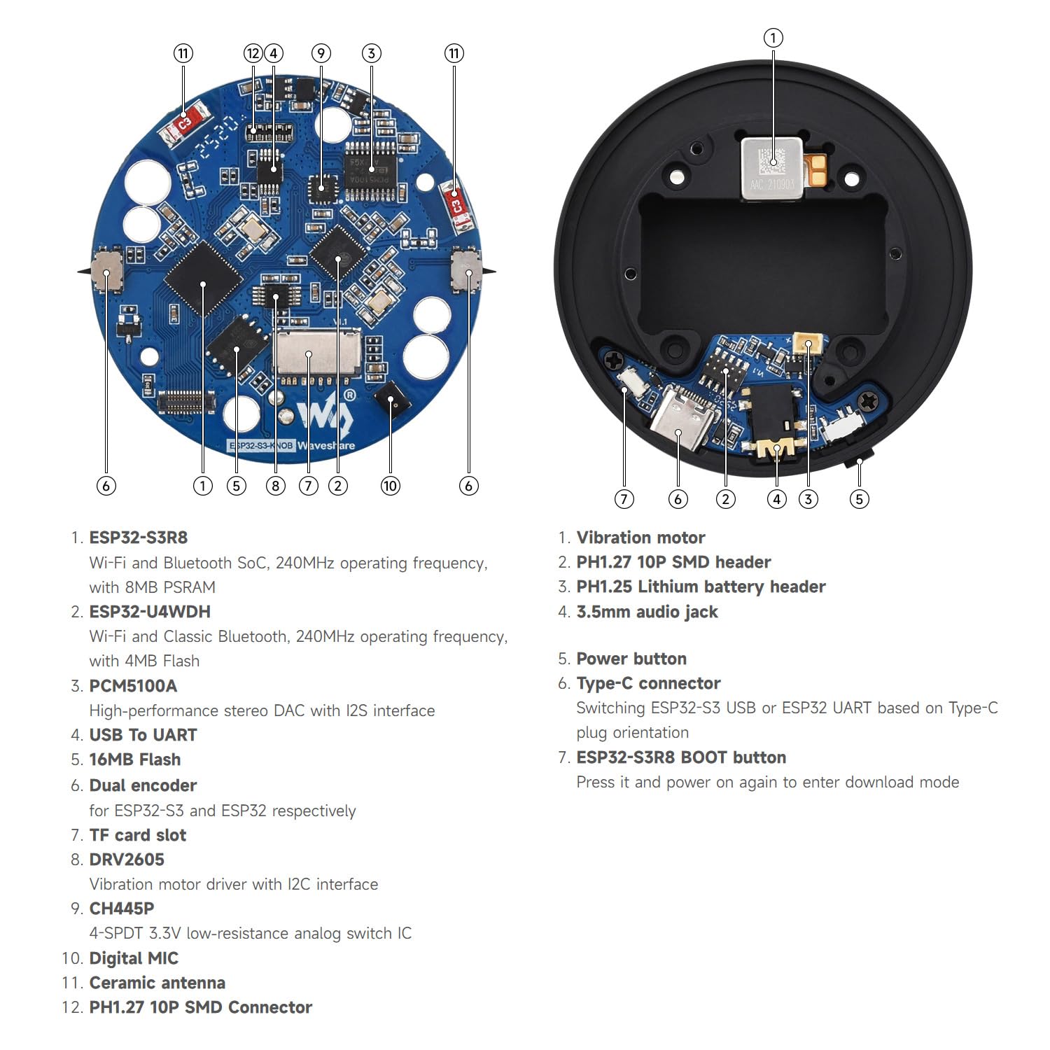 Waveshare ESP32-S3 1.8inch Knob Display Development Board, Multi-Functional Knob Screen, Capacitive Touch, 2.4GHz Wi-Fi and BT Wireless Connection, No BAT