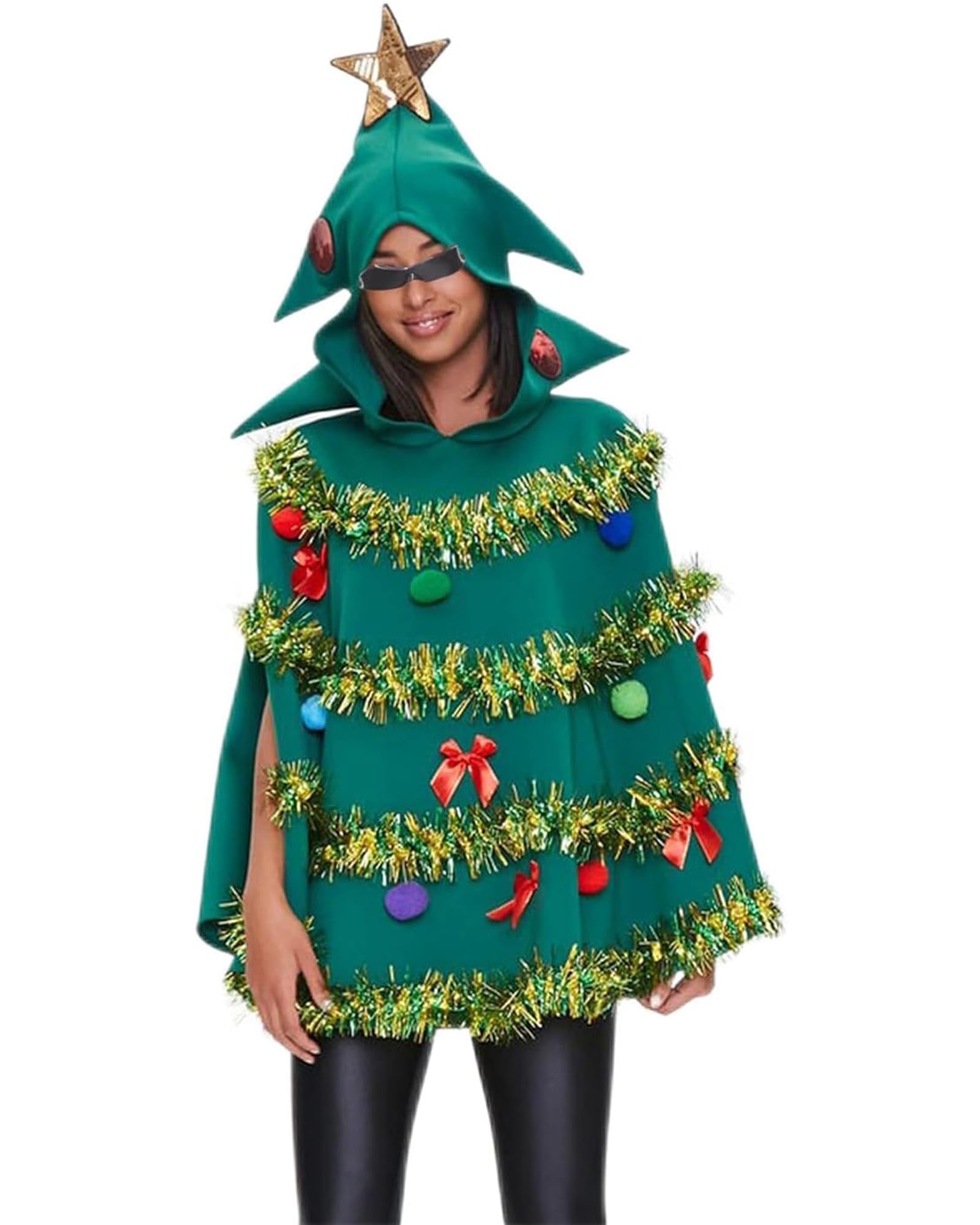Acrawnni Christmas Tree Cape for Women Poncho Costume Cap Green Bow Ball Decor Hooded Cloak Cape Party Prop for Cosplay Party (A-Green, S)