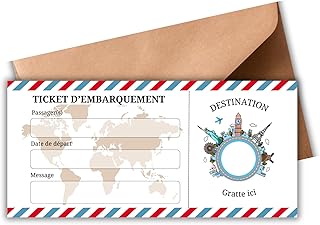 EVTI Carte à gratter voyage surprise, Billet avion annonce Personnalisable, Boarding pass, Carte embarquement personnalisable à offrir, idée Cadeau personnalisée pour Anniversaire EVJF fête