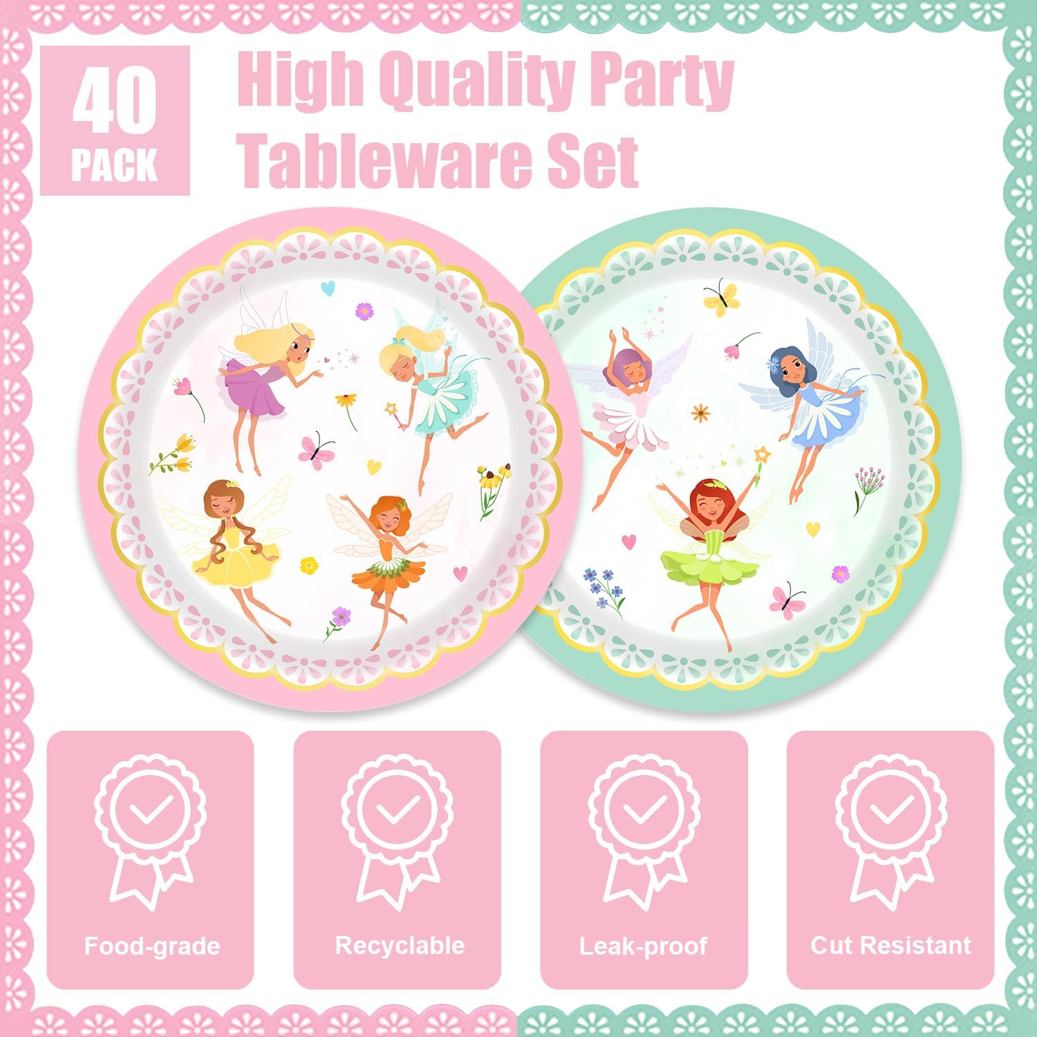 40Pcs Fairy Birthday Party Decorations Pink Flower Baby Shower Paper Plates and Napkins Party Supplies Fairy First Birthday Decorations - Image 4