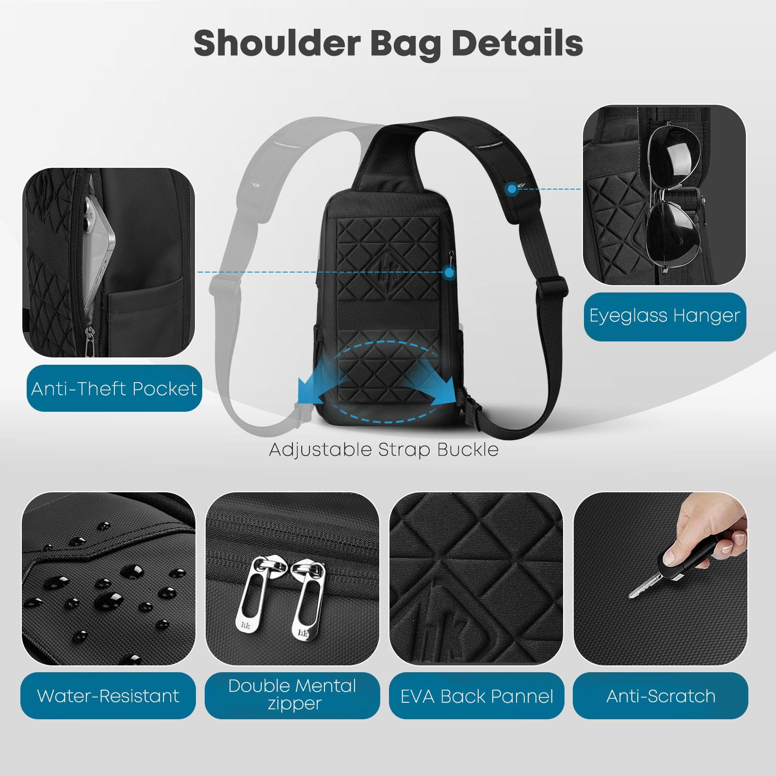 Sac Bandoulière pour Homme avec Port de Chargement USB, Antivol et étanche, Sac de Poitrine, Sac à dos à Bandoulière avec Multiples poches pour Voyages travail et Quotidien – Noir