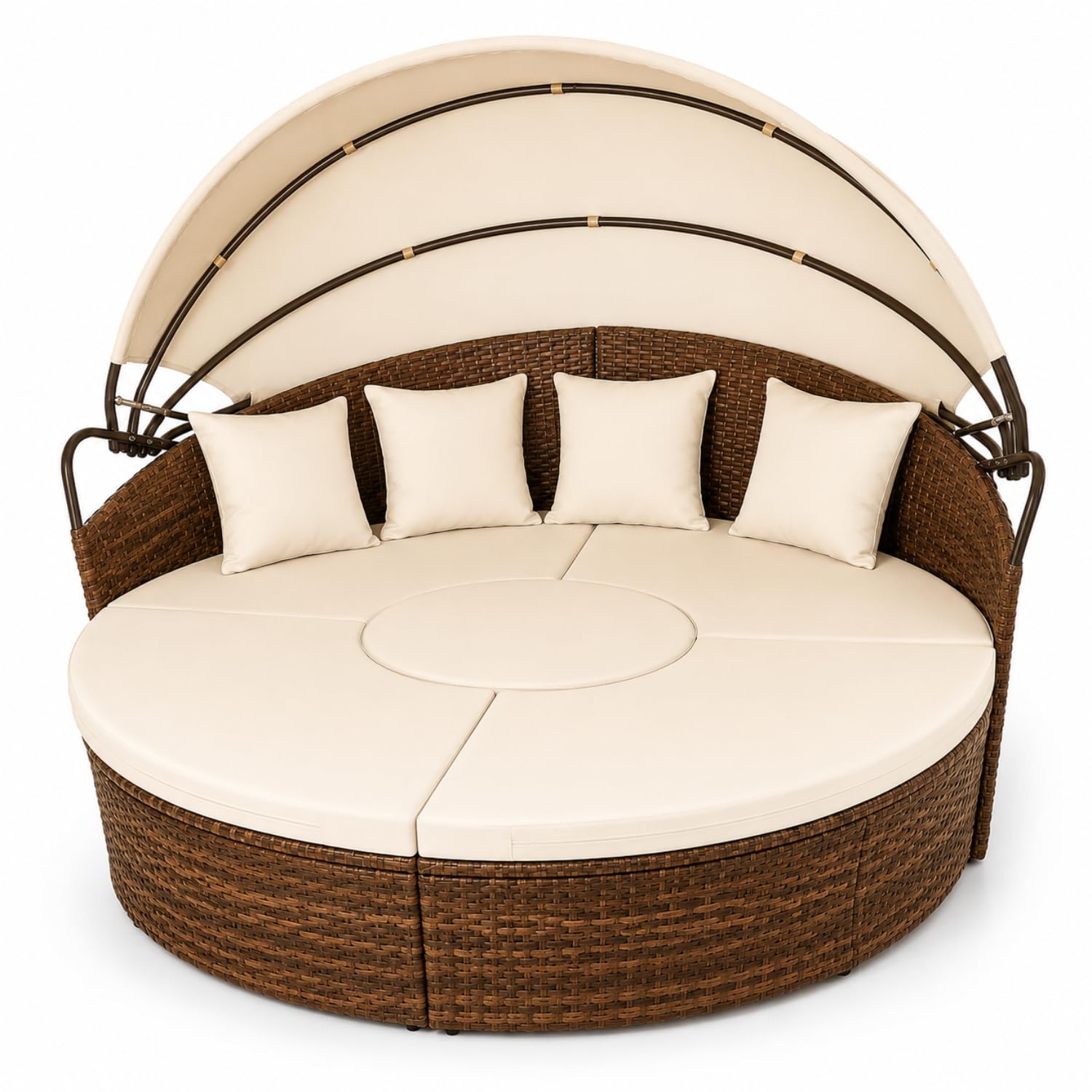 MEGAOFFERTE Isola Prendisole Modulare In Polyrattan Con Tettuccio Parasole Divano Da Giardino Trasformabile Con Tavolino Integrato 4 Cuscini Telaio In Acciaio Resistente Ai Raggi UV Beige E Marrone