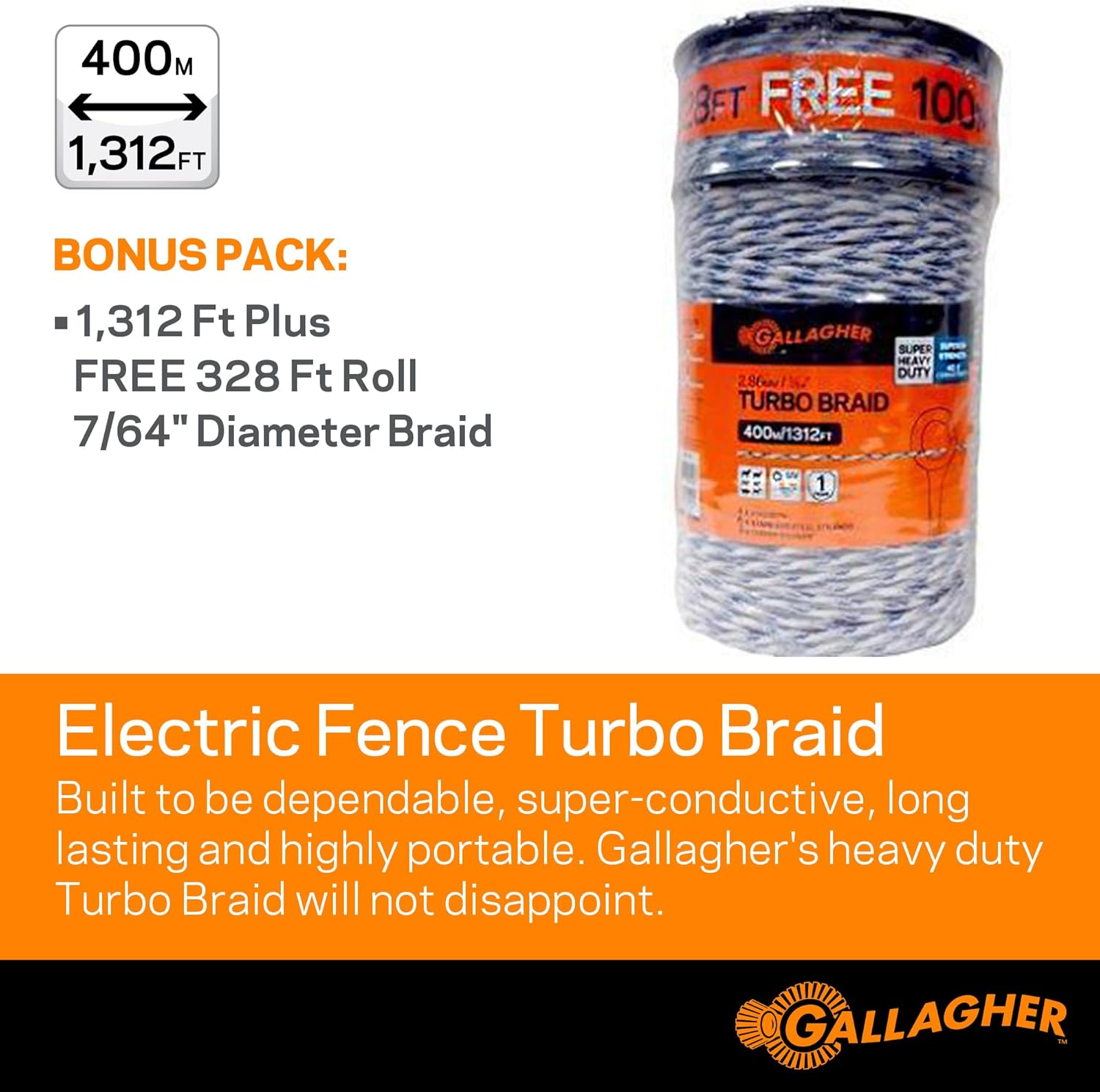 Gallagher Electric Fence Turbo Braid |Bonus Pack -1312 Ft Plus Free 328 Foot Roll |9 Mixed Metal Braided Strands for Reliable High Conductivity and Rust Resistance | 7/64" Highly Visible Striped Braid