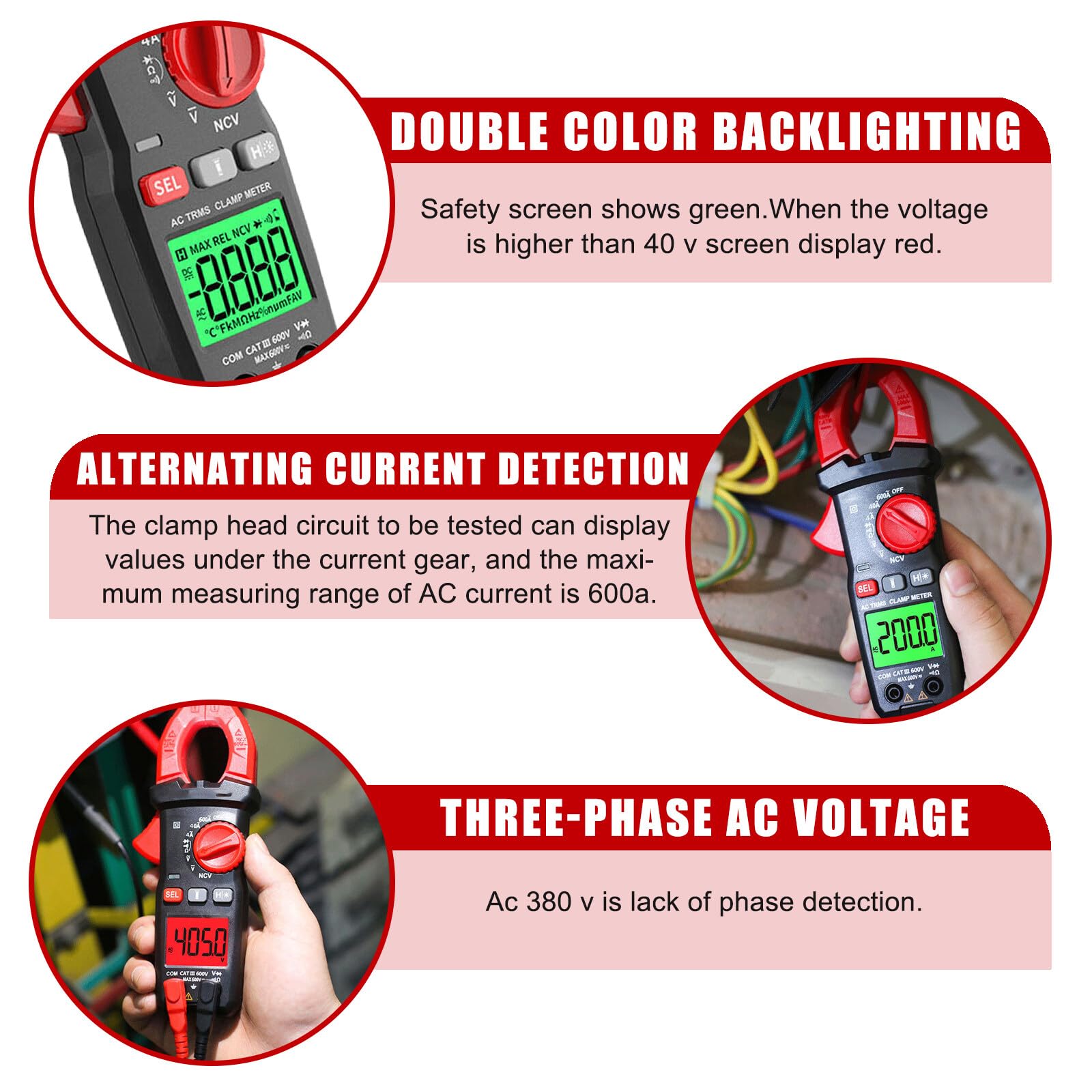 Stromzange, 6000 Counts Strommesszange 600A AC/DC, Zangenamperemeter mit Taschenlampenfunktion, Strommessgerät Zangenmultimeter Misst Spannung Kapazität Durchgang