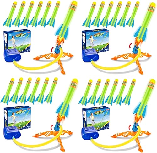 Banvih Paquete de 4 lanzacohetes para niños  24 cohetes de espuma, lanzamiento de hasta 120 pies, juguetes de pisoteo al aire libre para edades de 3