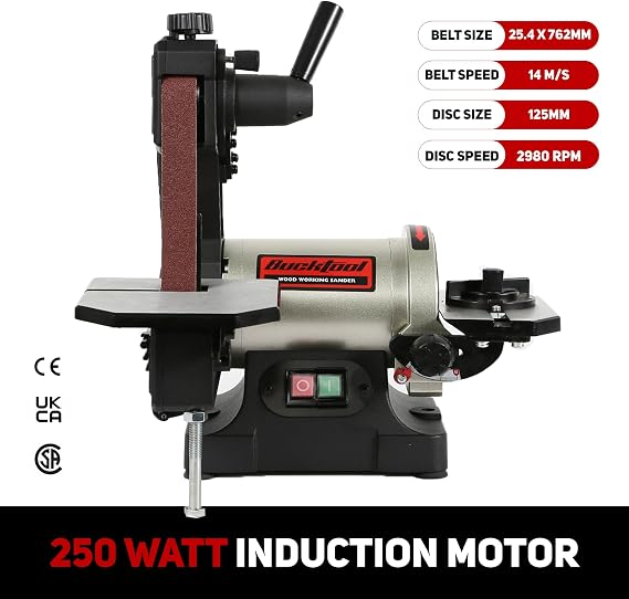 BUCKTOOL 250W Bench Belt Sander for Wood, 25.4 x 762mm Belt, 125mm Disc