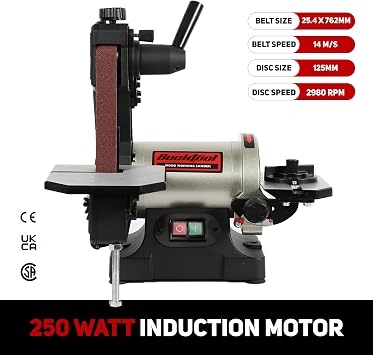 BUCKTOOL 250W Bench Belt Sander for Wood, 25.4 x 762mm Belt, 125mm Disc