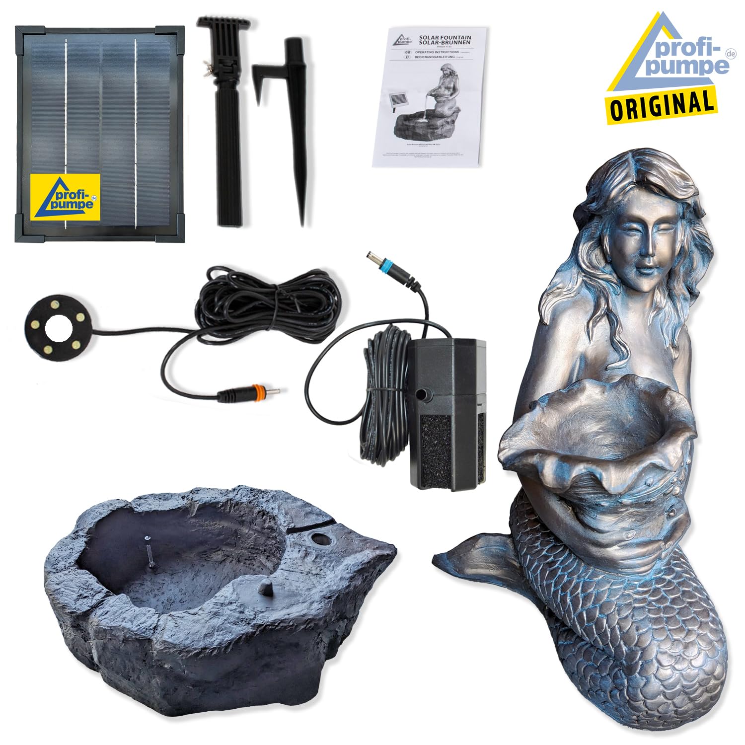 Solar Gartenbrunnen mit 5W Li-Ion-Akku-Solarpanel 9V 555mAh LED-Licht Teichpumpe Meerjungfrau Fördermenge 250l/h 60.000 Stunden für außen Terrasse, Balkon