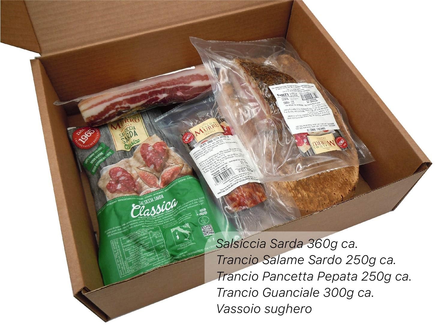 Salumi Murru| Irgoli| Box Aperitivo 1| Salsiccia sarda classica, Salame sardo, pancetta pepata, guanciale e vassoio in sughero