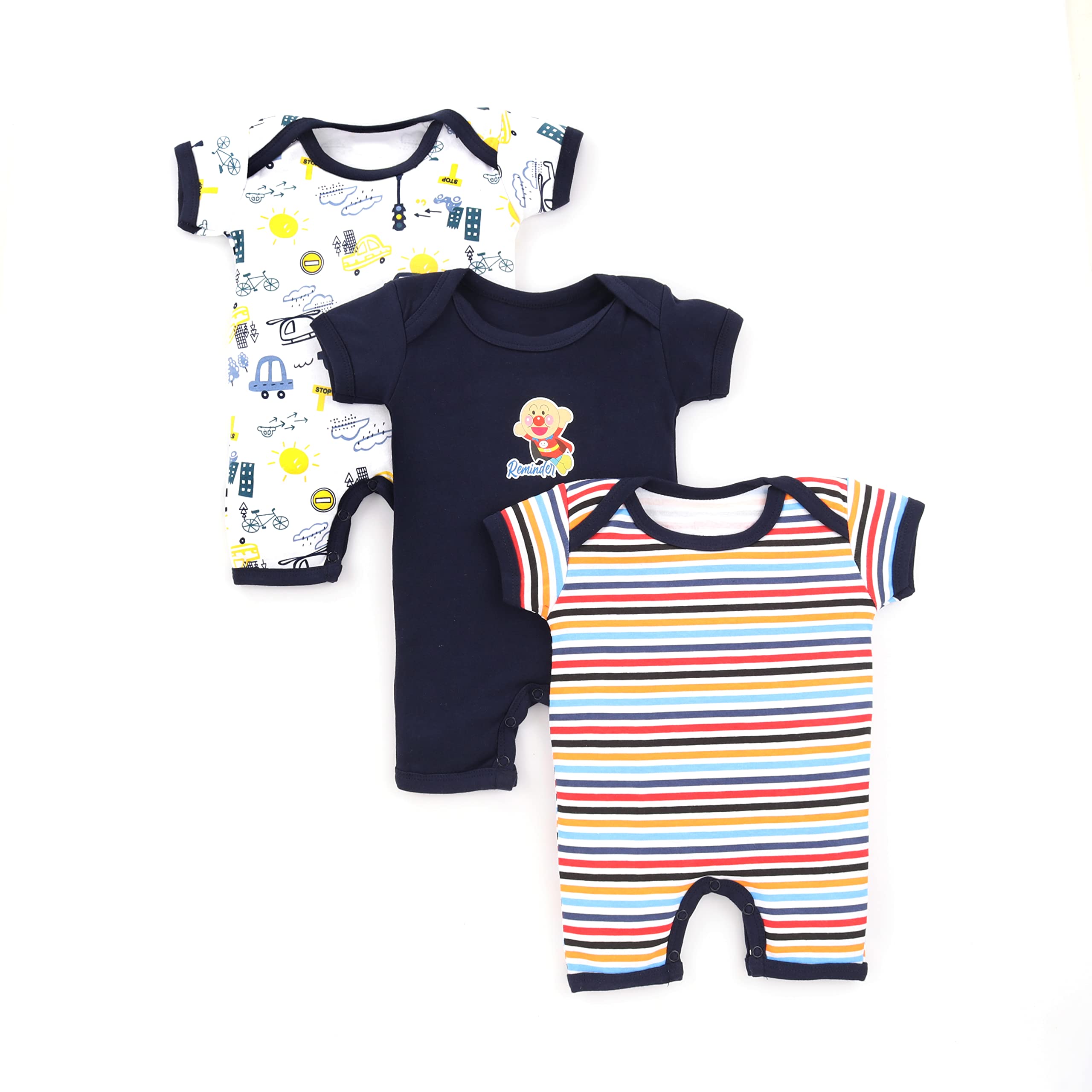 GenericNewborn Full Sleeve Cotton Multicolor Printed Sleepsuit Romper/Bodysuits for Boys and Baby Girls Set of 3