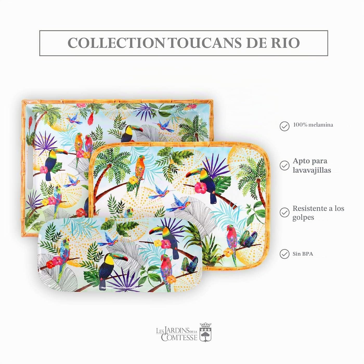 Les Jardins de la Comtesse – Bandeja Rectangular Grande con Asas de melamina Pura – Toucanes de Río – 50 cm – Multicolor – Vajilla Quasi-irrompible MelARTmine