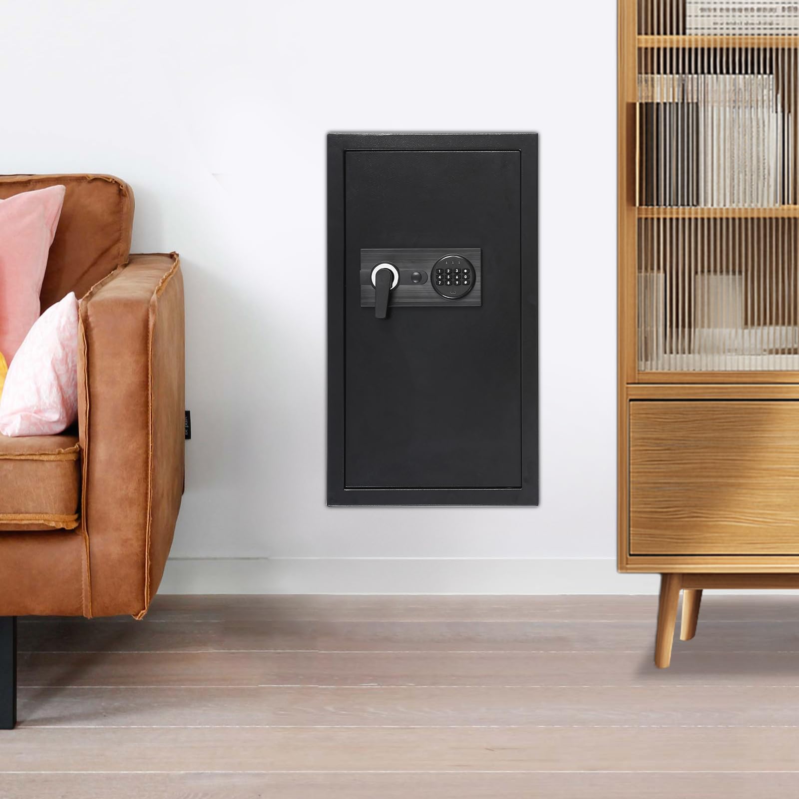 Cassaforte elettronica da parete – Cassaforte per mobili in acciaio con codice e chiave, antieffrazione, sistema di allarme per gioielli, denaro, documenti (37 x 10 x 65 cm)