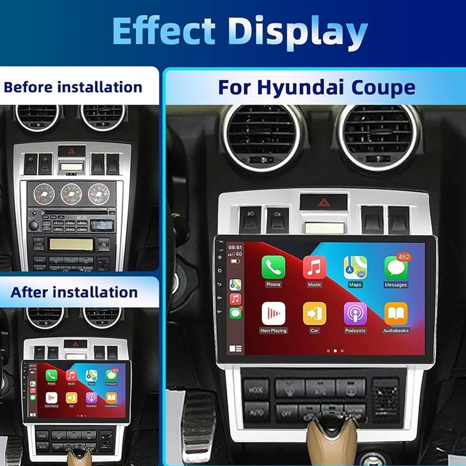 Do Hyundai Coupe 2004-2006 Radio Samochodowe Z Bezprzewodowym Carplay I Android Auto - 9-calowy Ekran Dotykowy Android 15 Stereo Mirror Link DSP WiFi Nawigacja GPS Radio FM/RDS SWC (Color:WIFI 2G+32G)