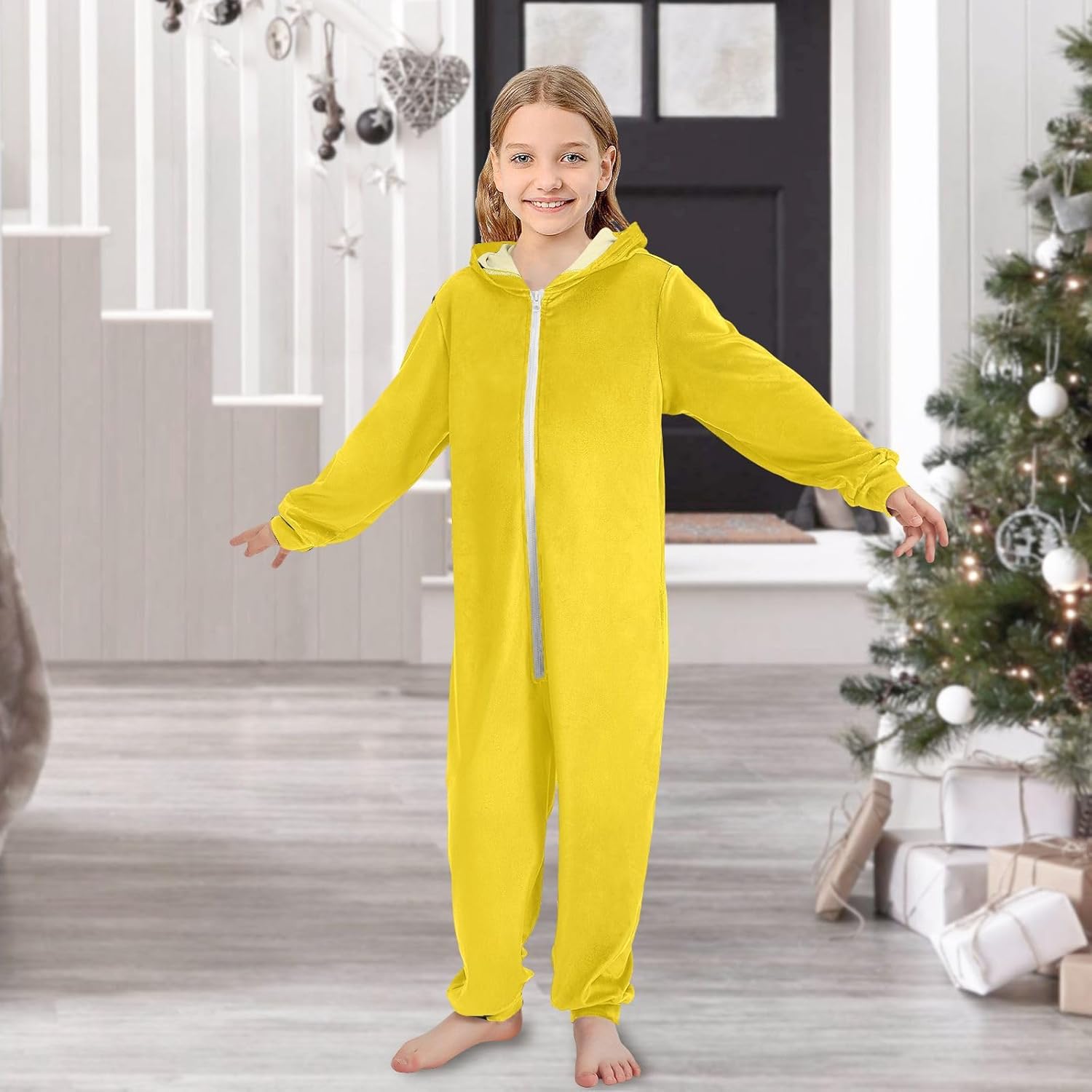 Pajama Soft Warm Hooded One-Piecing Loungewear Sleepwear for Christmas Home 4-14Y