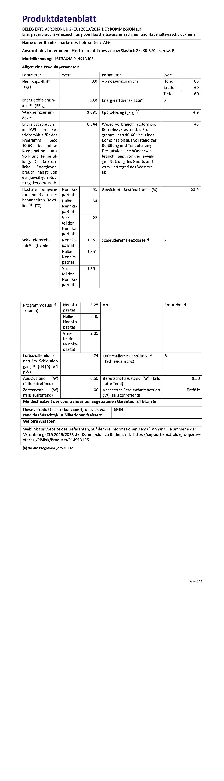 AEG L6FBA648 Waschmaschine / 8,0 kg/Leise/Nachlegefunktion/Kindersicherung/Wasserstopp / 1400 U/min
