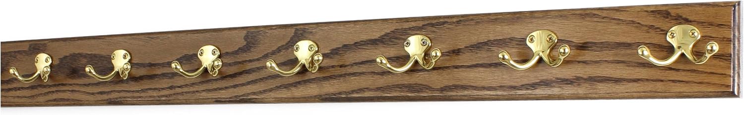 Oak Coat Rack with Solid Brass Double Style Hooks (Chestnut, 52" x 3.5" with 10 Hooks)
