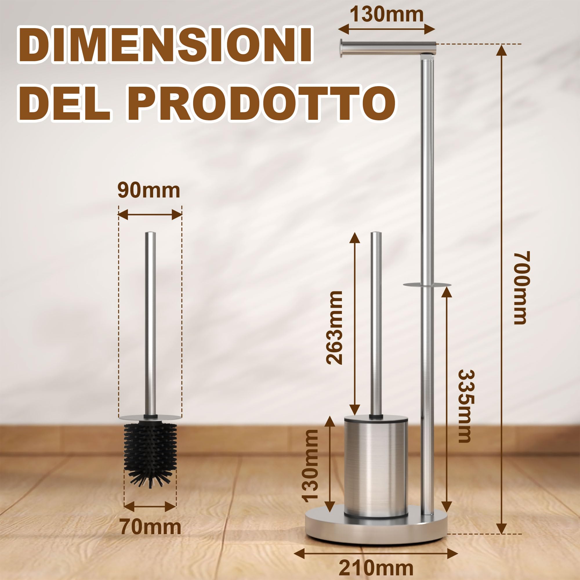 DIYGEEK Porta Carta Igienica da Terra con Scopino da Acciaio Inox | Piantana Portarotolo e Scopino per Bagno Argento Spazzolato con Base Zavorrata – Spazio per 2 Rotoli di Riserva, 70x21x21 cm