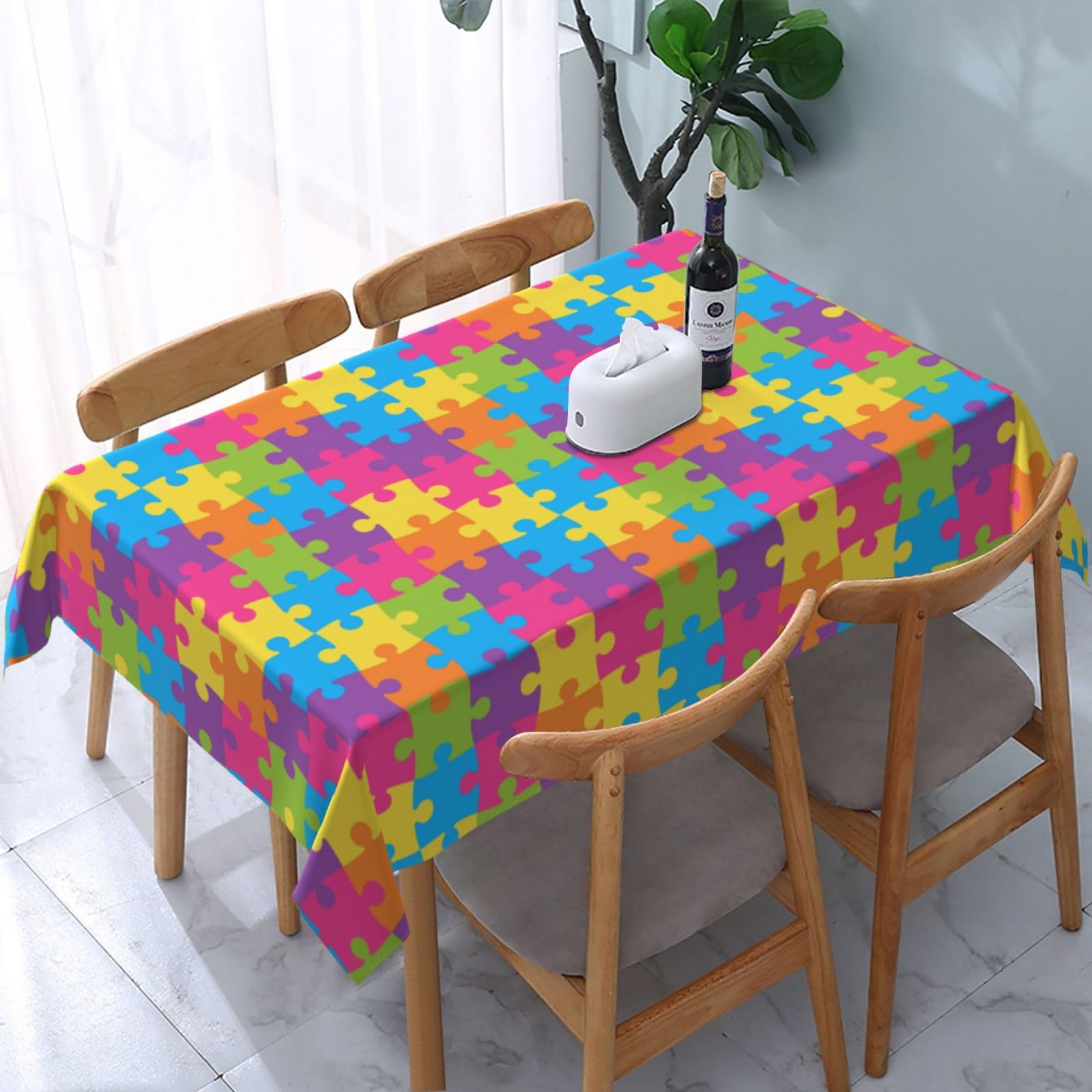 JunHeArt Autism Awareness Month Tablecloth Rectangle Table Cover Washable Table Cloths Decor For Kitchen 54" X 72"
