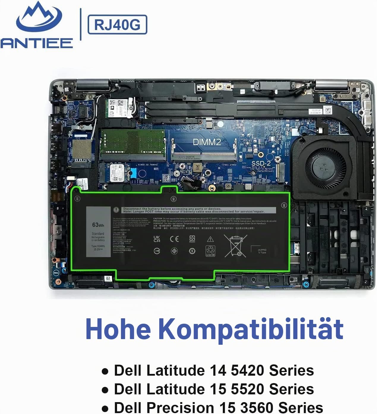 ANTIEE 63Wh RJ40G Laptop Akku Kompatibel mit Dell Latitude 14 5420 Latitude 15 5520 Precision 15 3560 Series P137G P137G001 P104F P104F001 P104F002 005R42 075X16 01K2CF WY9DX 0WK3F1 0M3KCN 15.2V
