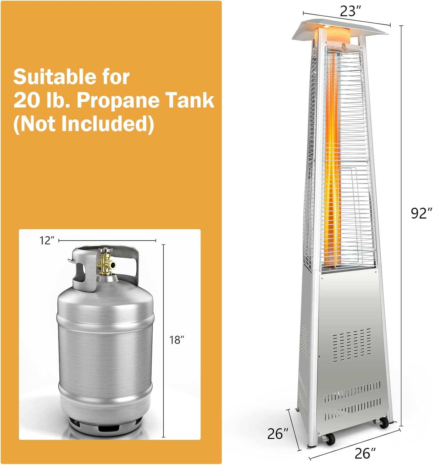Giantex Portable Patio Heater, 42,000 BTU Pyramid Stainless Steel Outdoor Patio Heater w/ Simple Ignition System and Wheels, Outdoor Heater with Tip-Over & Flameout Protection for Backyard, Garden (Silver)