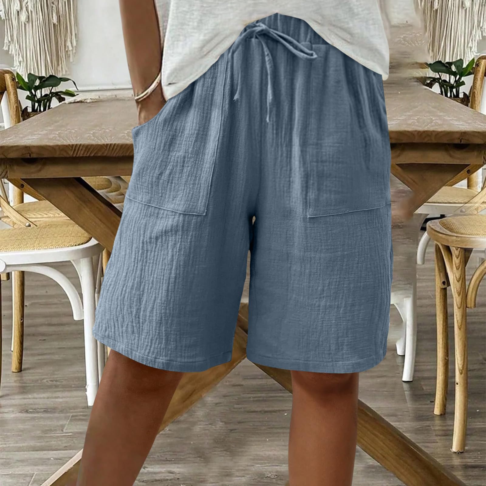 Women Bermuda Shorts Cotton Knee Length High Waisted Shorts Summer Casual Capri Pants with Pockets