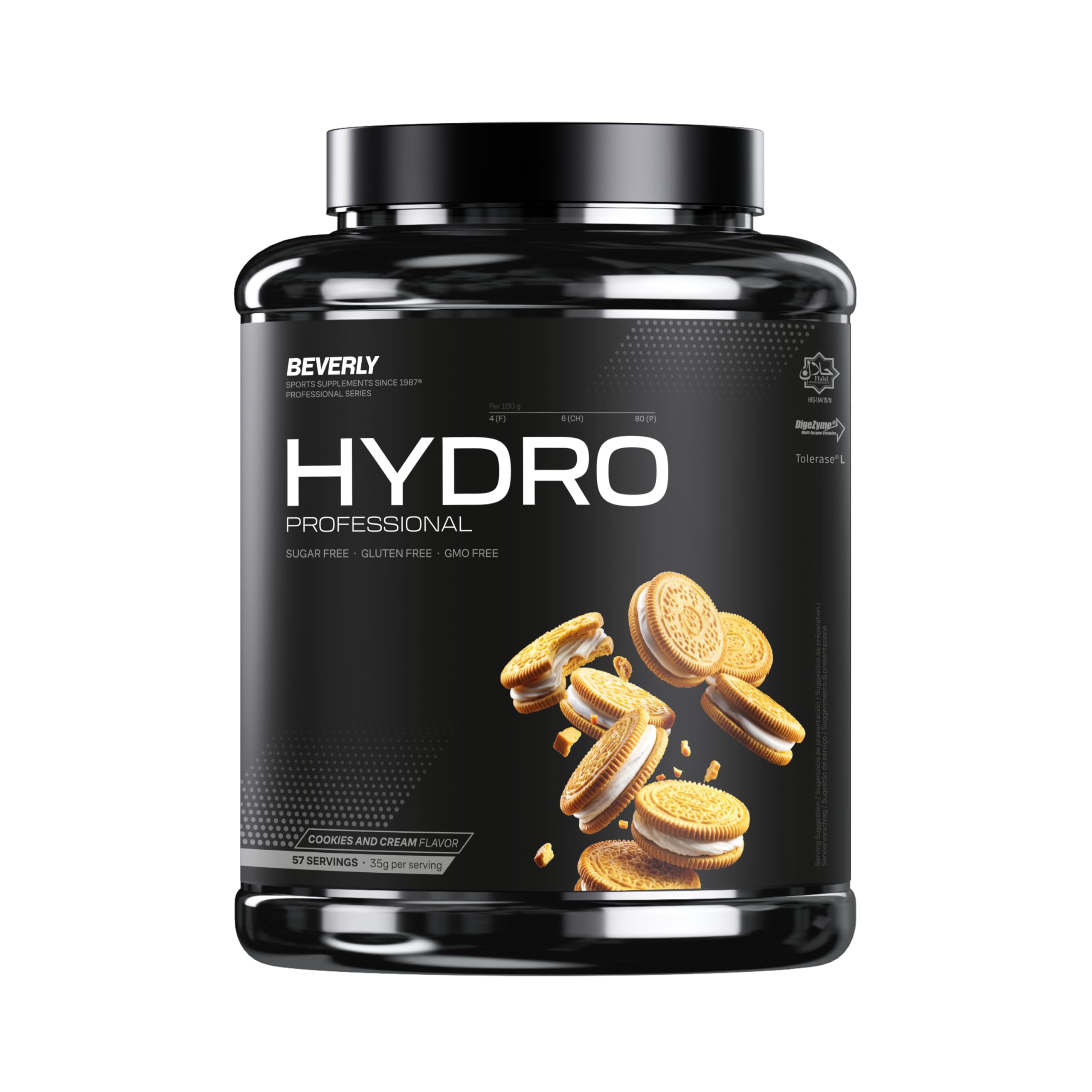 Beverly HYDRO PROTEIN Proteína hidrolizada de suero whey con Digezyme y Tolerase L 2 Kg 55 servicios Aumento de la masa muscular Cookies & Cream