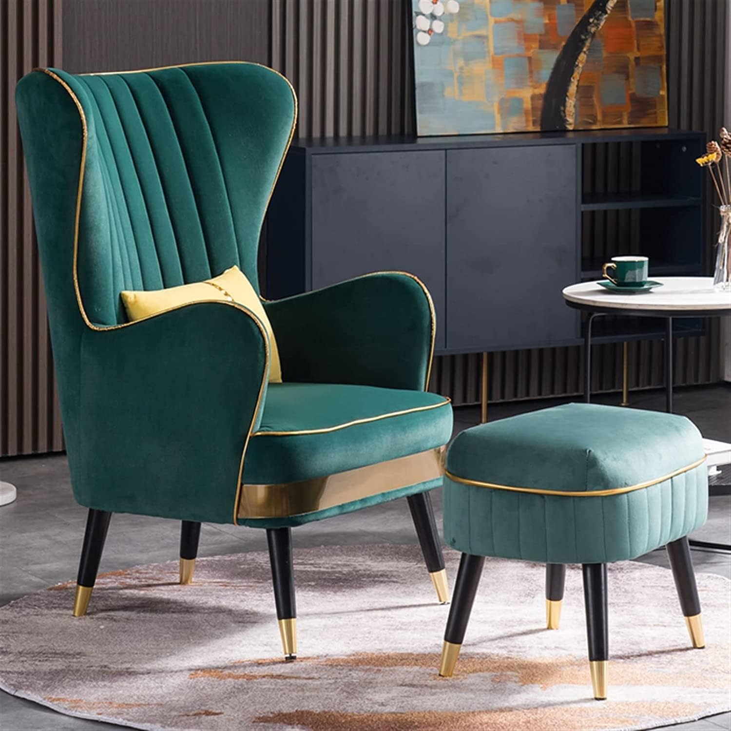 WOOD MART STORE - Velvet Fabric Wing Chair with Ottoman, Soft High Back Chair for Living Room, Offices (Green - Metal Legs)-image-8