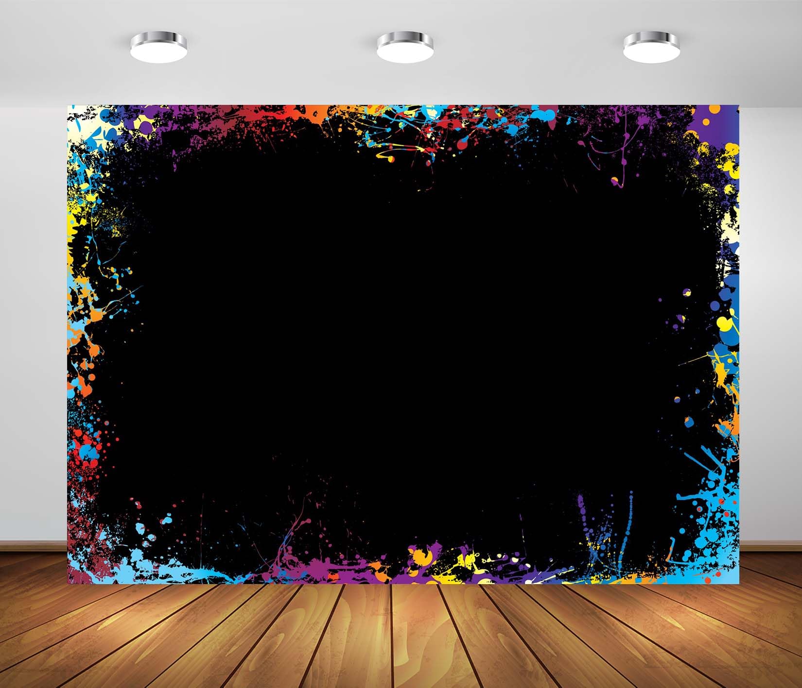 BELECO 6x3m Telo sfondo schizzi di vernice | Schizzi pittura arcobaleno arte graffiti sfondo nero festa anni 80 90 banner accessori studio foto