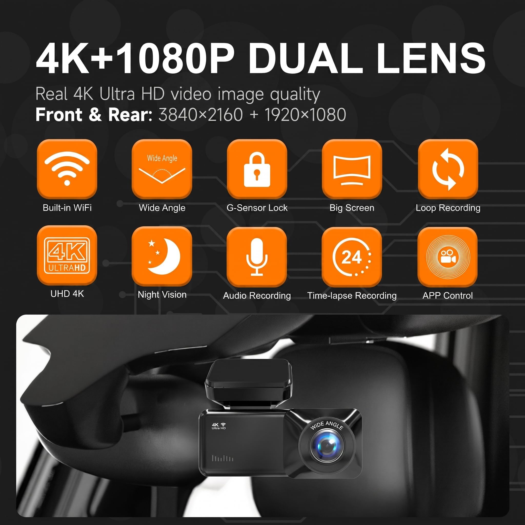 Dashcam per auto, anteriore e posteriore, 4K 2160P + 1080P, WiFi, con