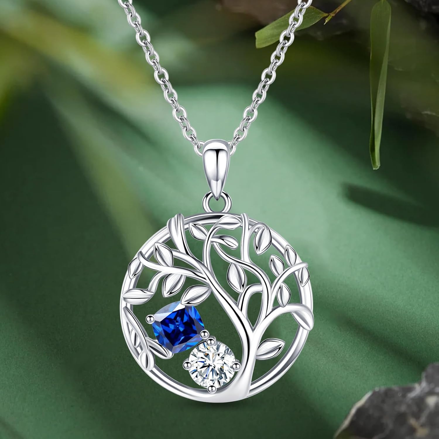 Tree of Life Birthstone Necklace for Women 925 Sterling Silver Birthstone Pendant 12 Months Necklaces with Zircon Birthday Gifts for Women, Mom, Grandma Cable Chain 18"+2"