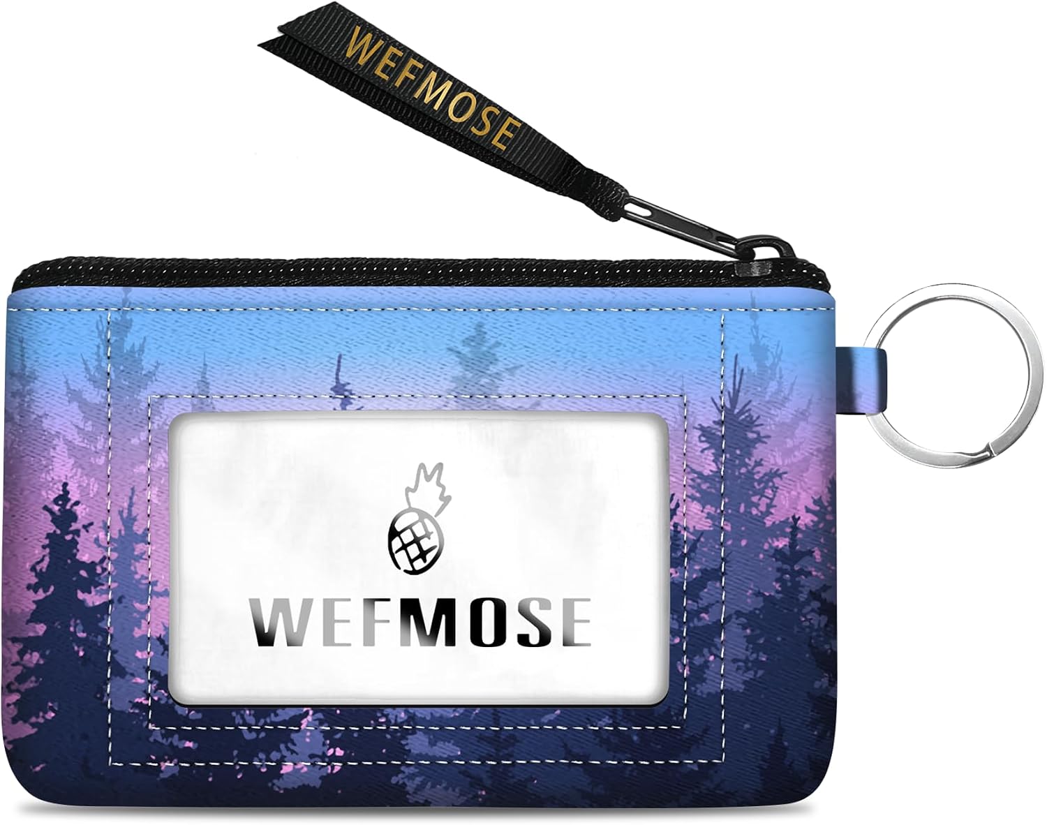 Small Wallet Keychain with Clear ID Window Zipper Cute ID Case Coin Purse for Women Water Resistant Coin Pouch-Forest Blue Purple Keychain Wallet