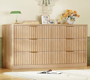 TEENFON Fluted 6 Drawer Dresser with Metal Handles, Natural Finish