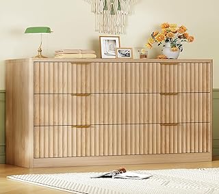 TEENFON Fluted 6 Drawer Dresser for Bedroom, Wide Modern Chest of Drawers with Metal Handle, Curved Profile Design, Wood Closet Clothes Storage Organizer for Bedroom, Living Room, Hallway, Natural