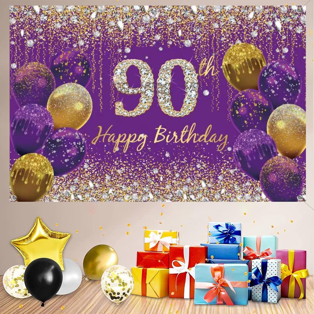 90th Birthday Decoration Women, Purple Fabric Sign Poster Birthday Party Decoration Background Banner Women, 90th Birthday Party Decoration, 59"x35.4" - Image 5