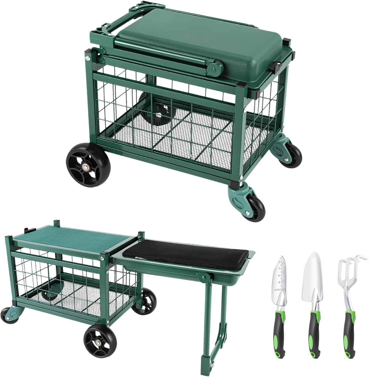 Rolling Garden Cart with Tool Bag and 3-Piece Garden Tools Set, Garden Work Seat and Heavy-Duty Wagons with 360° Swivel Wheels, Workbench and Metal Storage Basket, Supports Up to 400LBS