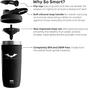 Smartshake DC Comic Bundle - Batman Protein Shaker Bottle 900ml Leakproof Stainless Steel Water Shaker with 50g Protein Powder Storage Funnel