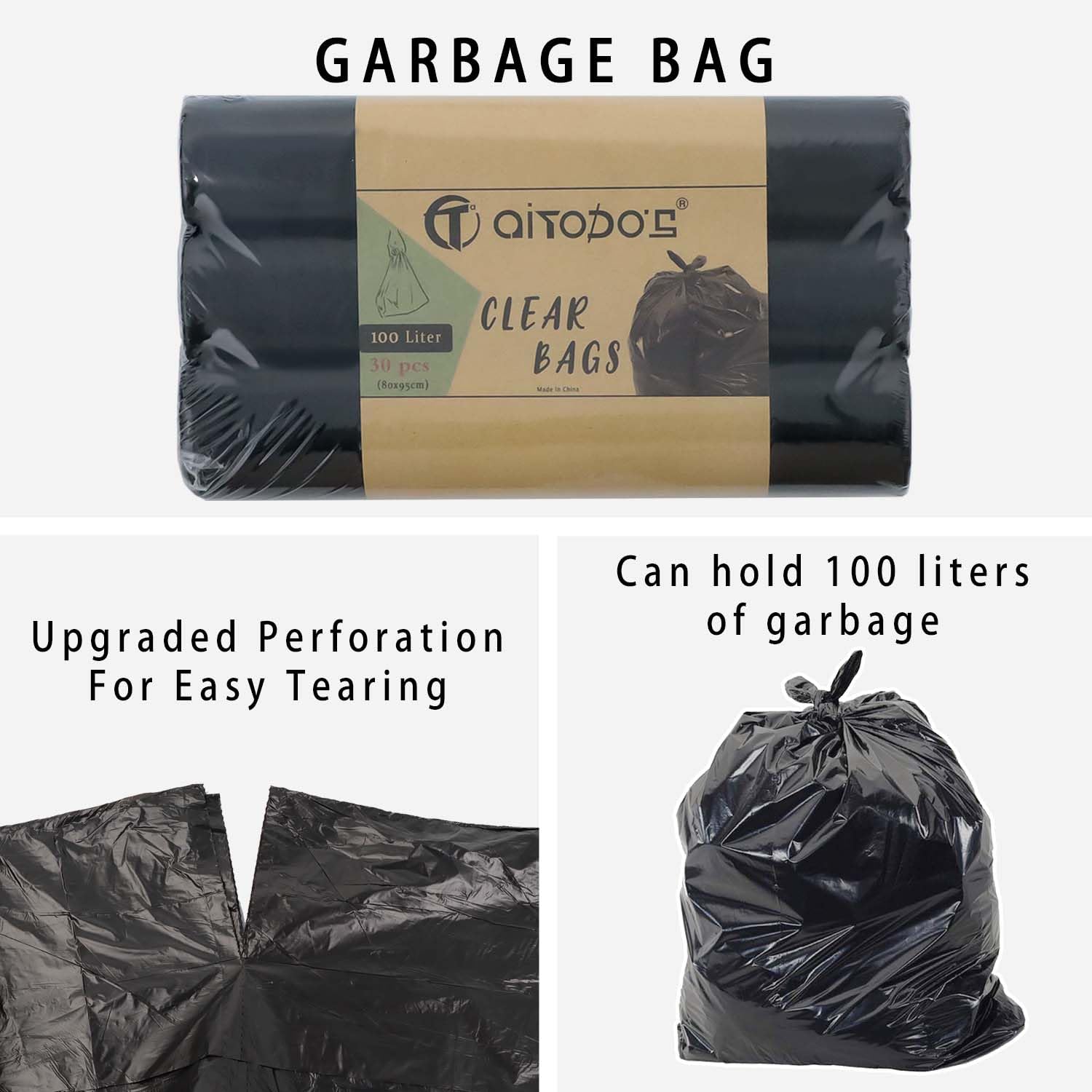 AiTodos® Worki na Śmieci z uszami 100L, 30szt, 95x80cm, Czarne, Materiał PE | 3 Rolki po 10 szt. Ze ściągaczem, Bardzo Grube, Szczelne, Trwałe, do Majsterkowania, Ogrodu i na Zewnątrz