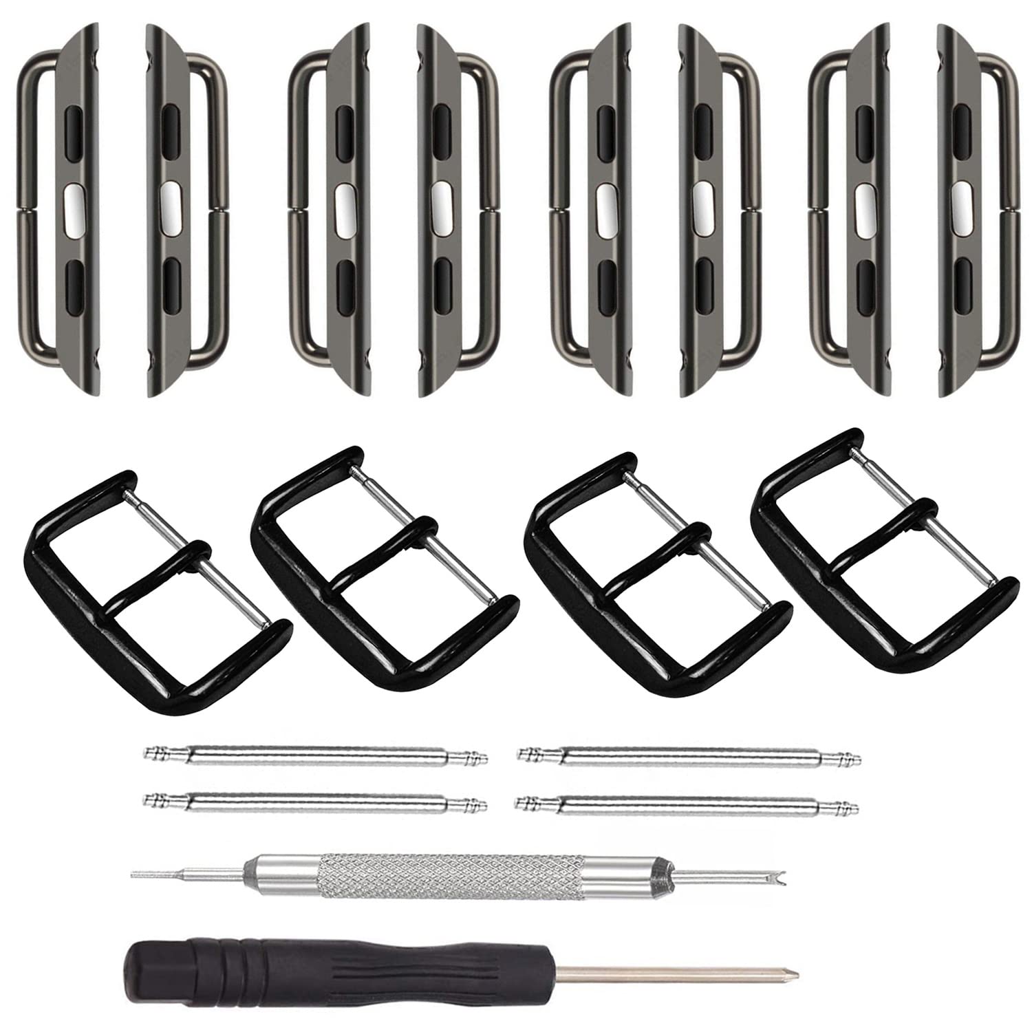 LOOKSEVEN 4 Pair 38/40/41mm Watch Bands Connector + 4PCS 18mm Buckle Set in Black With Tools