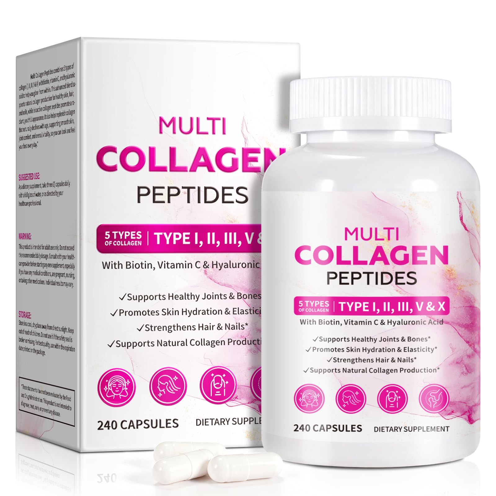 Collagen Capsules with Multi-Type Hydrolyzed Collagen Peptides Biotin Vitamin C Hyaluronic Acid Supports Skin Smoothness Hair Strength Nail