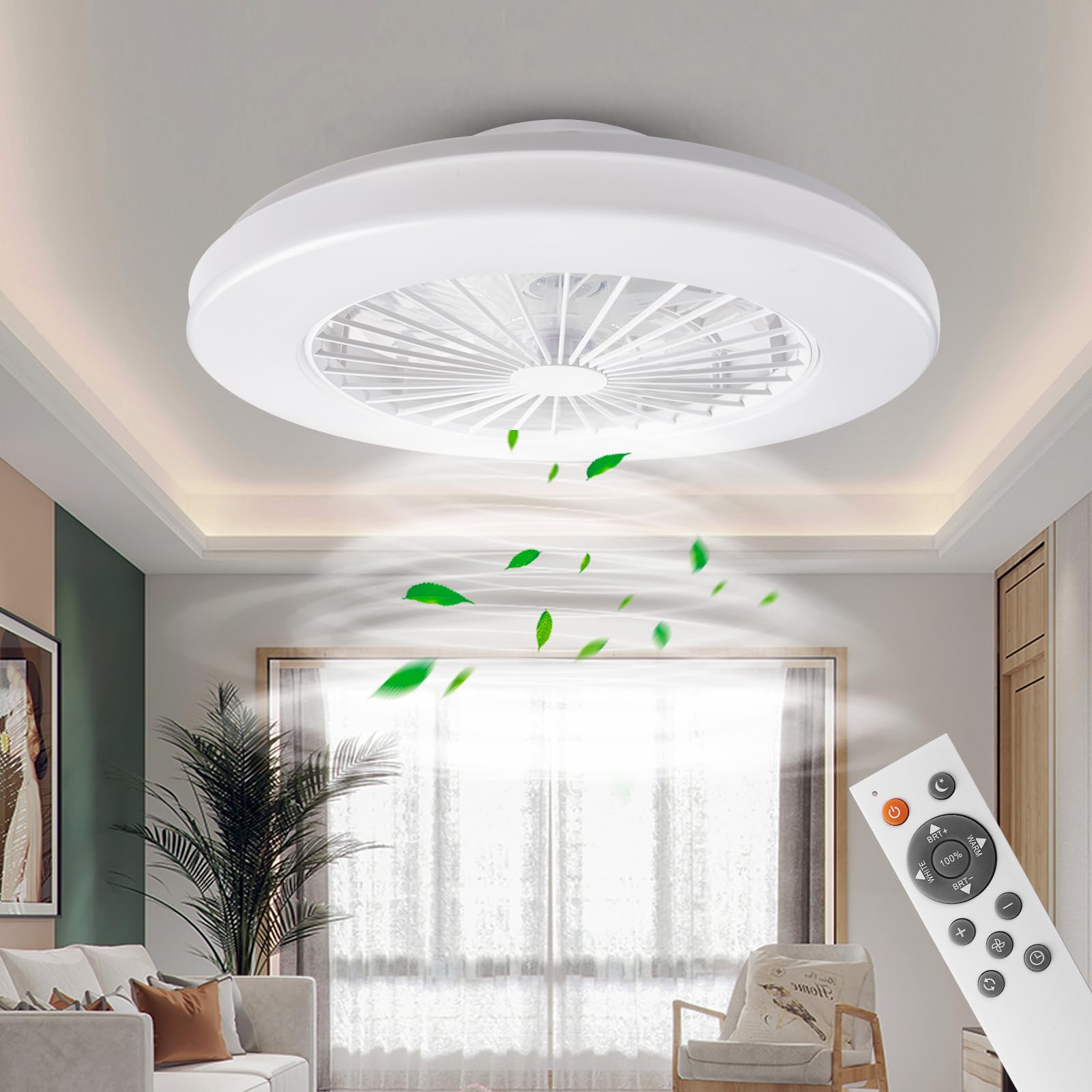 Moderne LED-Deckenleuchte mit Ventilator, Deckenventilator mit Lampe, 24 Ventilationsgeschwindigkeiten, stufenlos dimmbares Licht für Wohnzimmer, Schlafzimmer, Büro, 3000-5500 K, (weißer)