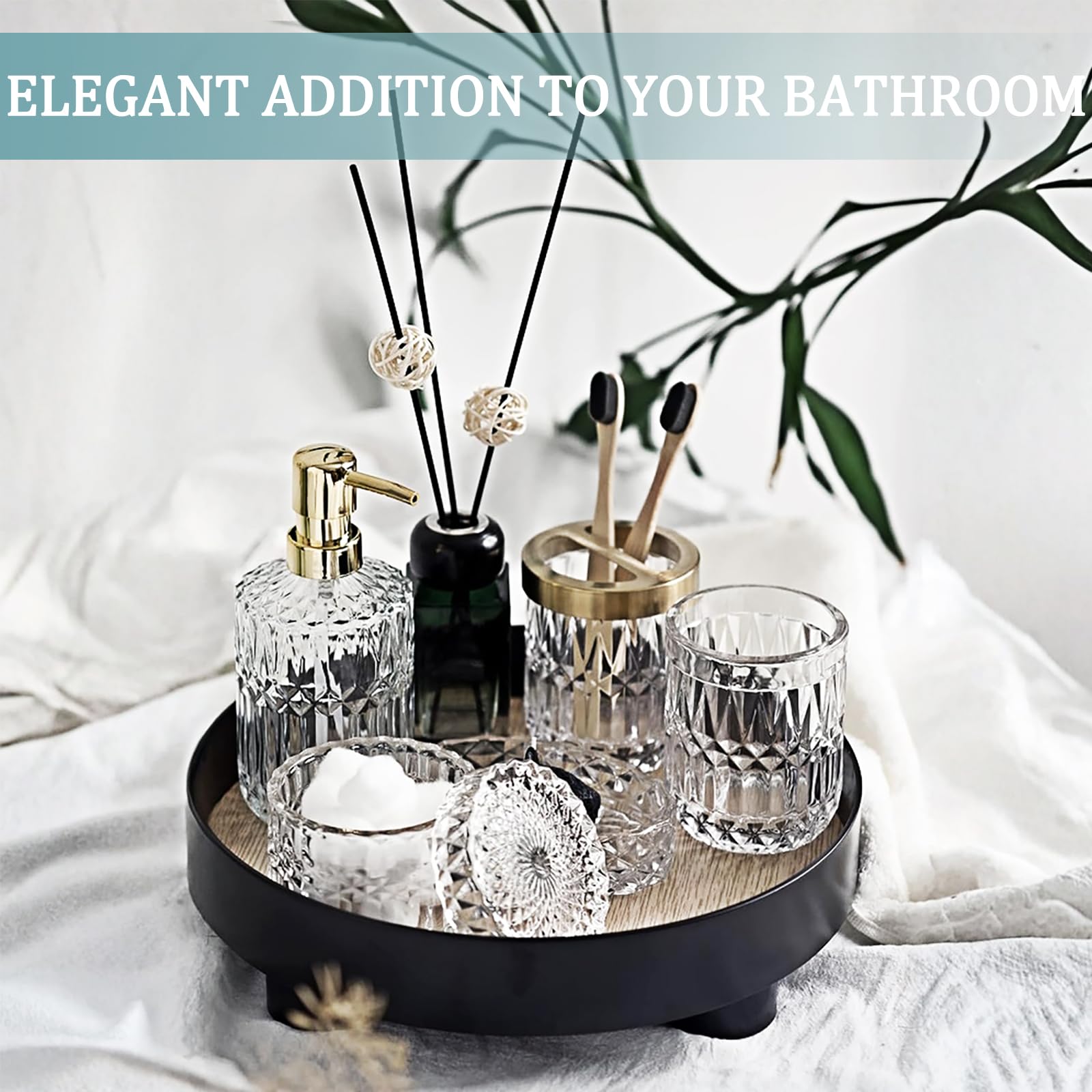 Bathroom Accessories Set- 5 Pcs Modern Elegance with Soap Dispenser, Tumbler, Dish, Toothbrush Holder, Cotton Jar Countertop Vanity Organizer for Bathroom Set Glass (Clear)