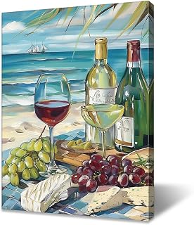 SANGGUOBIN Grape Wine Canvas Wall Art Cheese and Grapes Ocean Scenic Pictures Summer Coastal Vacation Theme for Dining Room Kitchen Retro Poster Decor(A-1,24x36inch)